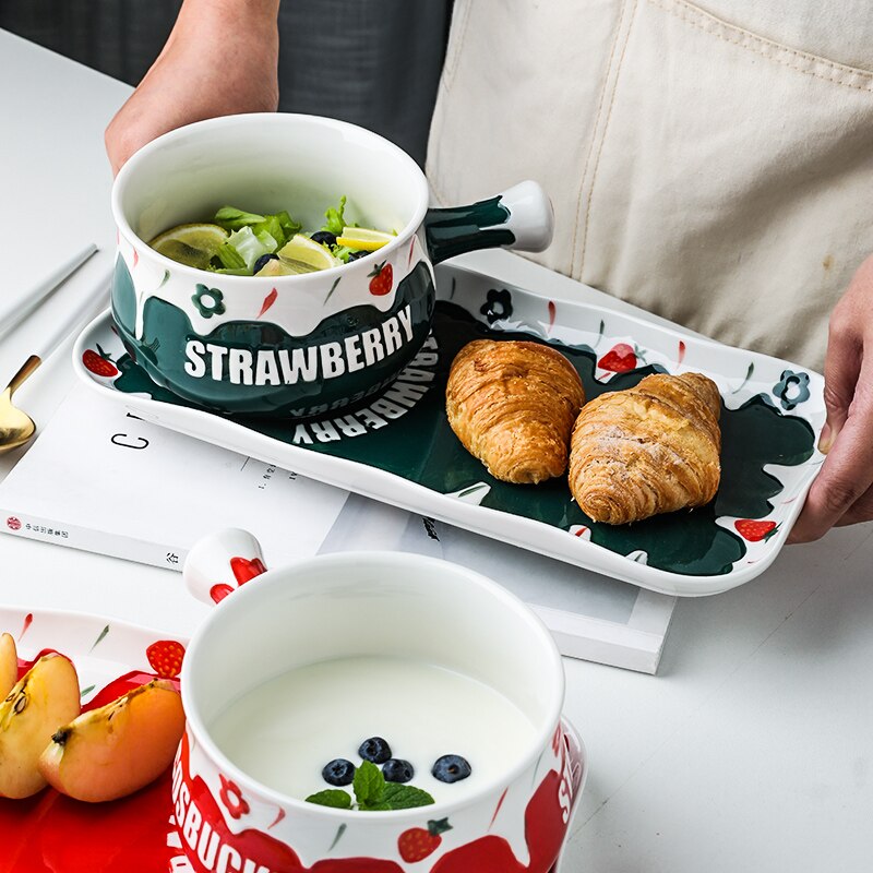 Juego de vajilla de cerámica con relieve, cuenco con mango, estilo nórdico, para desayuno, platos de postre, ensalada de leche, tazón con asa