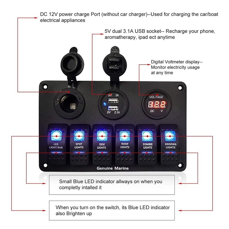 Refitting Vehicle 6Pin Multifunction Switch Panel Into Vehicle USB Digital Voltmeter