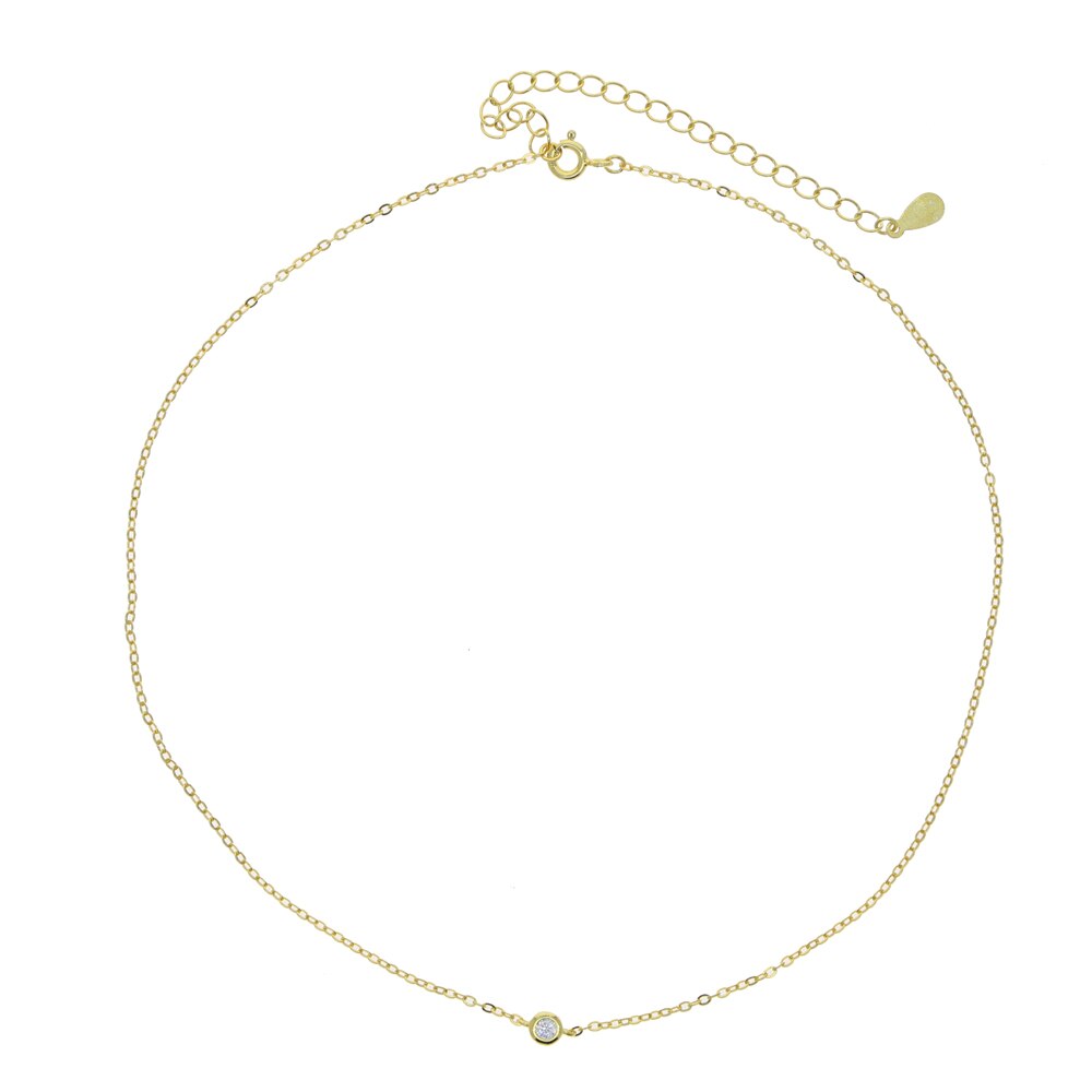 minimal delicate 925 sterling silver single 3MM bezel cz cubic zirconia thin silver chain choker necklace for women jewelry: gold white cz