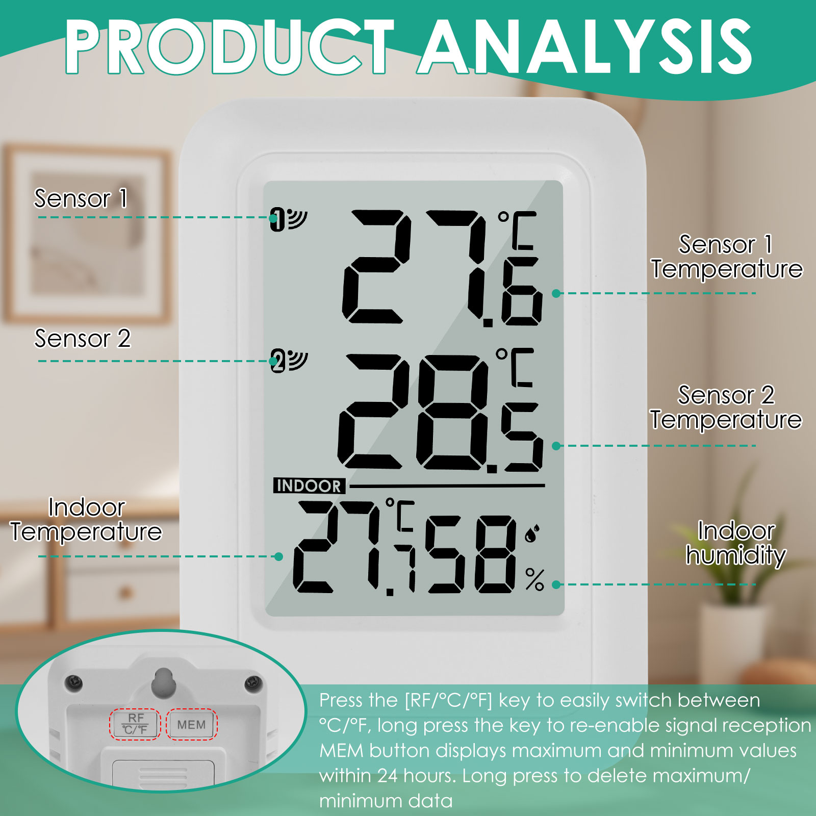 Digital Thermometer Hygrometer Indoor Mini Temperature Humidity Monitor Battery Powered Outdoor Room Thermometer for Home