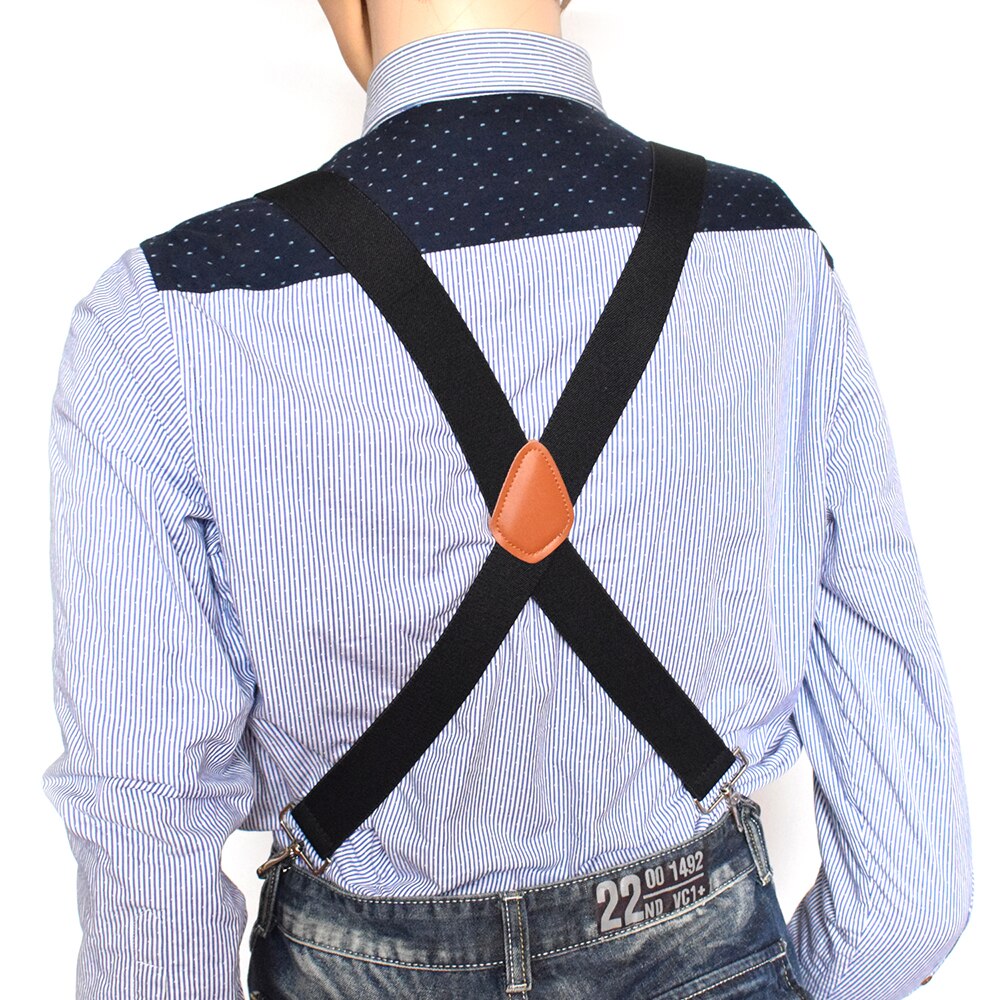 Brown Leather Suspenders with Swivel Hooks X Back 4 Metal Clips Adjustable Elastic Pant Jeans Braces for Men Favor