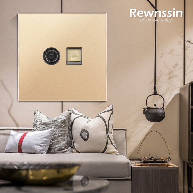 Double Socket Internet Socket Phone RJ45 Network Port Data TV Wall Socket PC Data Female Socket Luxury Gold Crystal Glass Panel