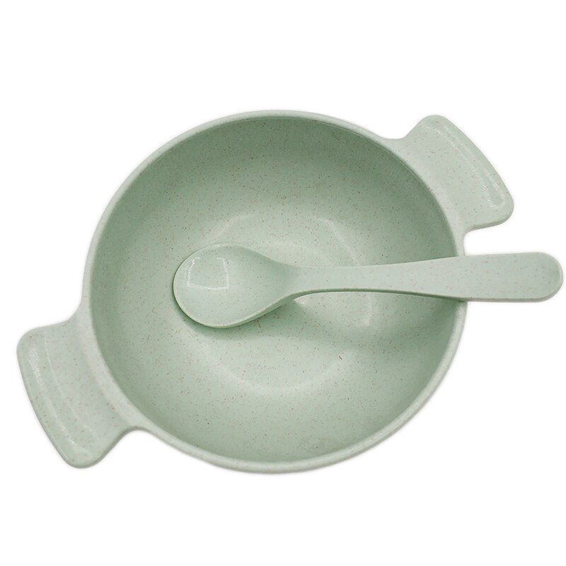 2pcs Baby Feeding Tableware Set Eco-Friendly Wheat Straw Infant Plate Children Dish Dinnerware Kids Anti Training Bowl+Spoon: Green Set
