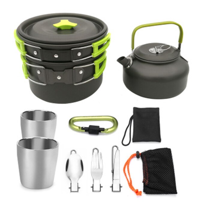 Couple camping cookware hiking equipment outdoor camping set pot 2-3 people portable wild pot pot set pot teapot four-piece: green
