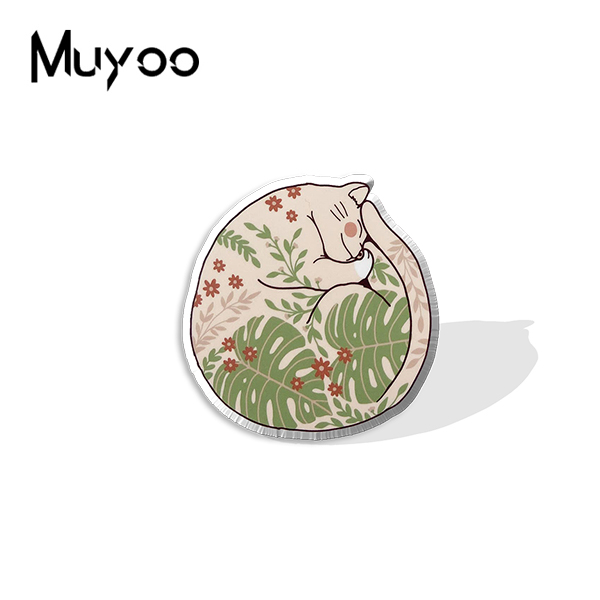 2021 nuovi gattini addormentati con spille da bavero in acrilico epossidico dipinto a mano con piante floreali: Rhodium placcato