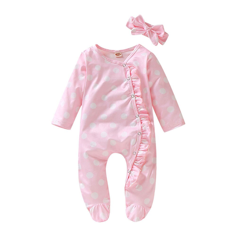 Lange Mouwen Baby Meisje Romper Baby Meisje Jongen Bloemen Gedrukt Betaalde Sleeper Gevouwen Rand Romper Hoofdband Kleding Outfits Set: 3M