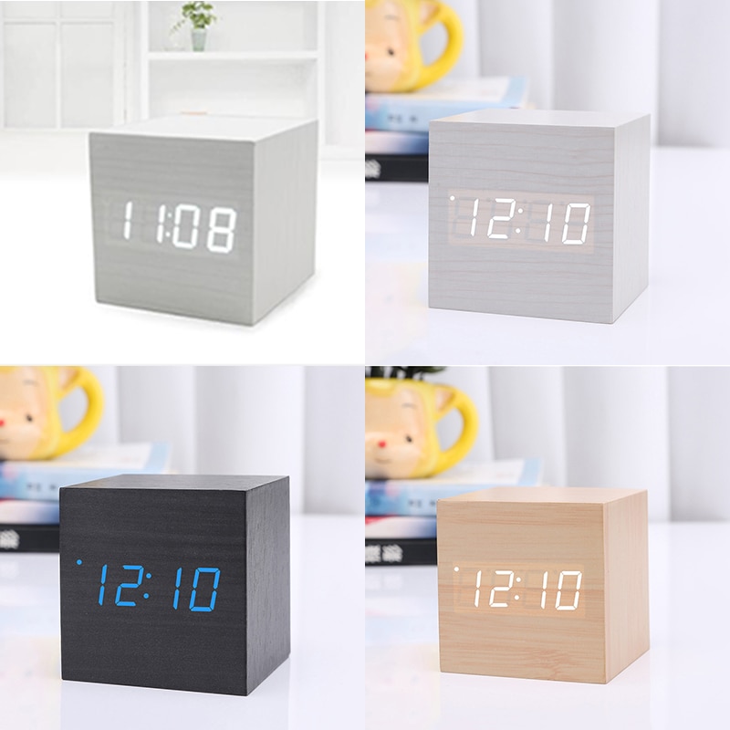 Mini Hout Klinkt Controle Klok Moderne Houten Digitale LED Desk Wekker Nachtkastje Klok Kalender Tafel Decor