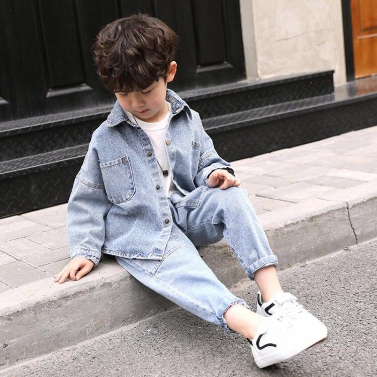 Baby boys clothes sets 4-13 years old spring and autumn 2-pieces-sets Korean Solid color big pocket denim suit coat +jeans