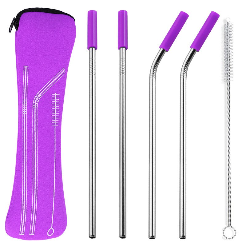 1 set Reusable Stainless Steel Straws Straight Bent Drinking Straws with Silicone Tips Cold Beverage Metal Drinking Straw: purple 4pcs