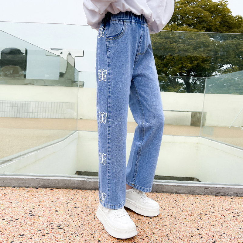 4-14 jahre Mädchen Jeans Mädchen Frühling Koreanische Karikatur lässig Denim Hosen Mädchen Schmetterling Drucken Elastische Taille schlank passen bleistift Hosen