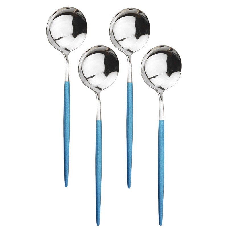 4Pcs Rosa Gold Geschirr Besteck Dessert Löffel Set Lange Griff Spiegel Löffel Besteck Küche Zubehör 304 Edelstahl: Blue Silver