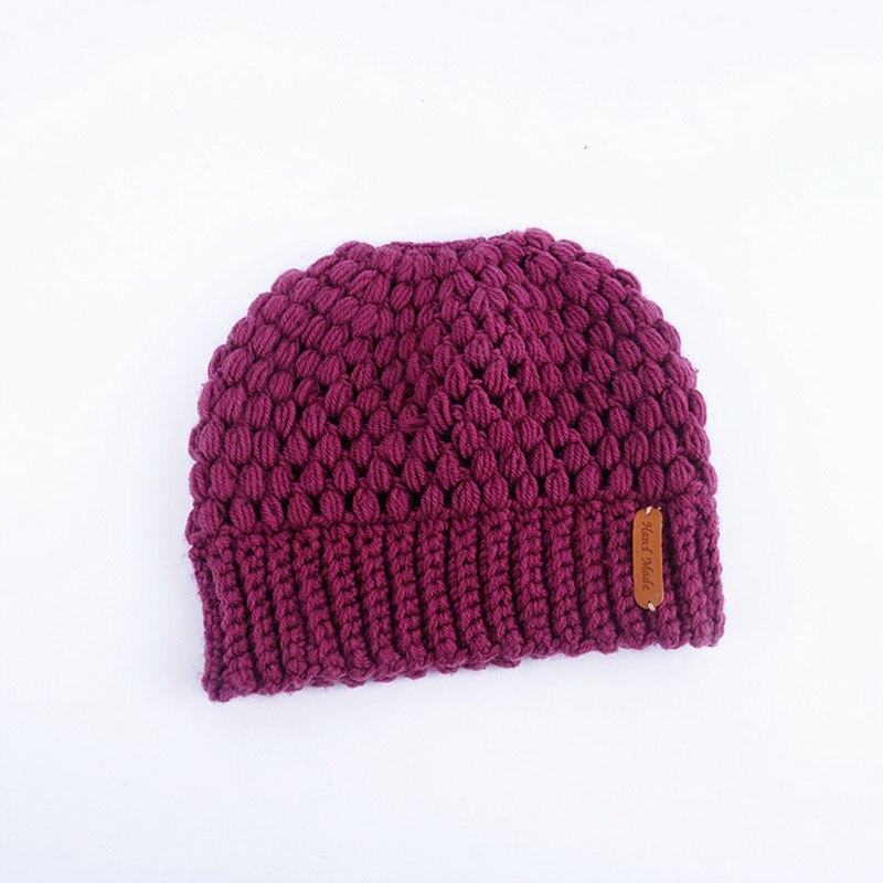 Kvinder piger stretch strik hat rodet høj bolle hestehale beanie varm hul heste hestehale stretchy strik hæklet kraniet cap: F