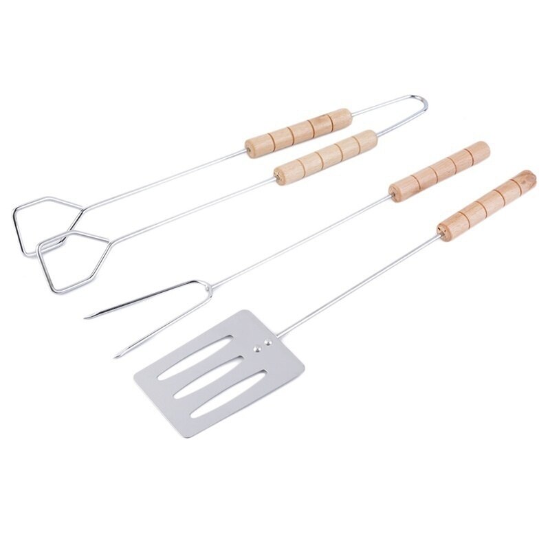3 stk grillværktøjssæt spatelgaffeltang med lange håndtag greb grillværktøj