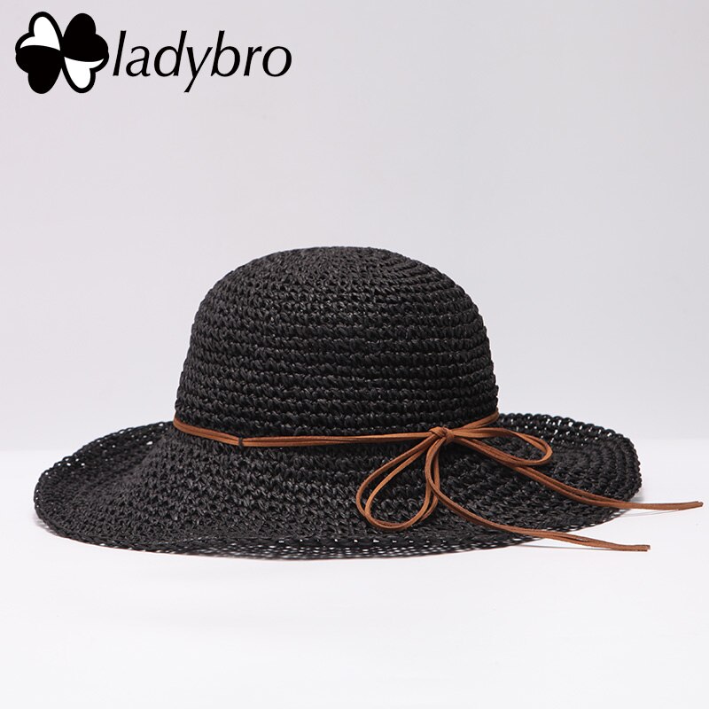 Ladybro Brand Ladies Sun Hat For Women Bowknot Raffia Straw Hat Foldable Summer Hat Wide Brim Beach Hat Female Chapeau Femme: 003 black