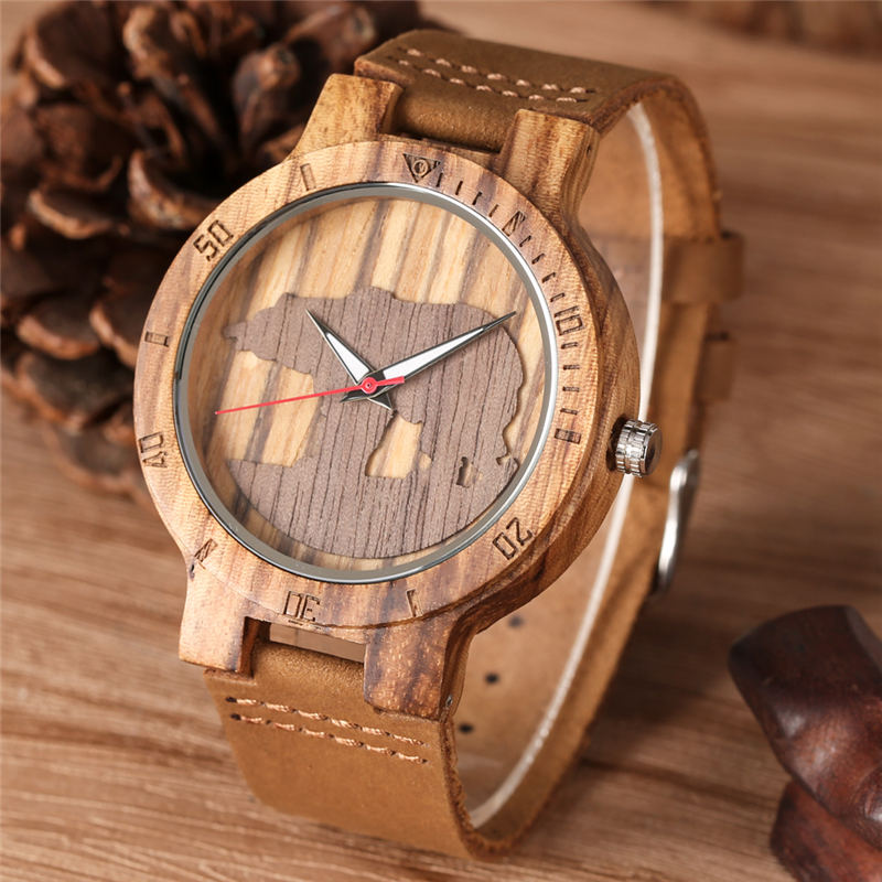 Houten horloge kwarts lichtgevende wijzers ijsbeer driedimensionale wijzerplaat natuurlijke houten horloges bamboe ebbenhouten klok herenhorloges