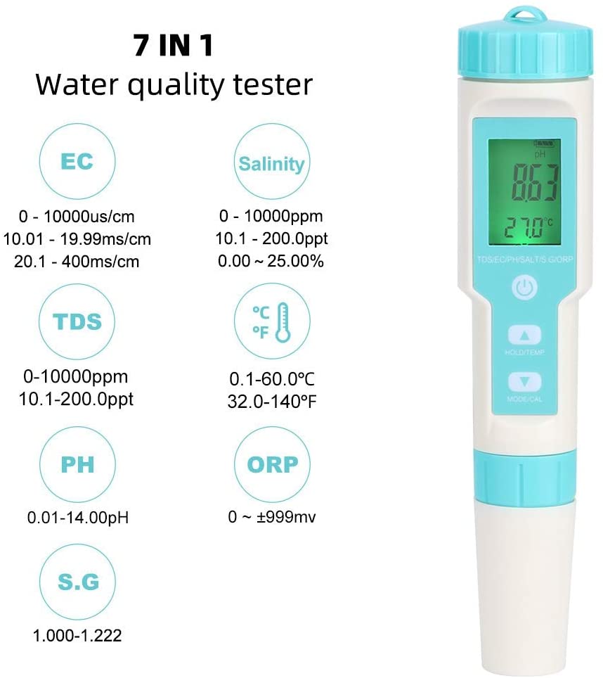 3/4/5/7 In 1 7 In 1 Ph/Tds/Ec/Orp/Zoutgehalte/S. G/Temperatuur Meter C-600 Water Quality Tester Voor Drinkwater, Aquaria