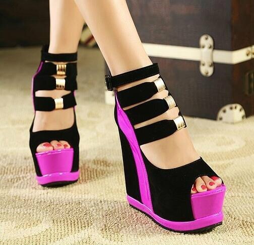 Kvinna skor sommar äkta kvinnor plattform tjocka sulor sandaler kilar högklackat 14cm peep toe blandade färger sexiga skor