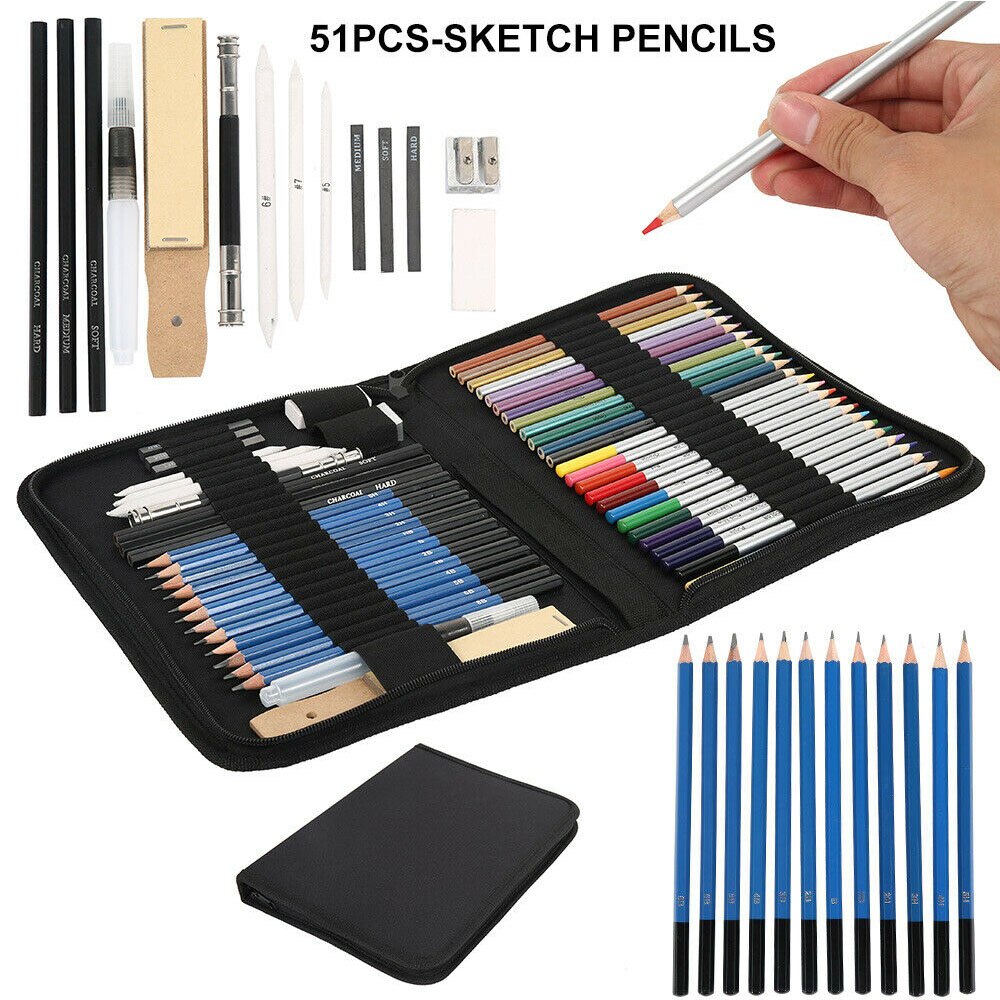 51Pcs/Set Drawing Kit Wood Pencil Sketching Pencils Art Sketch Painting Supplies With Carrying Bag