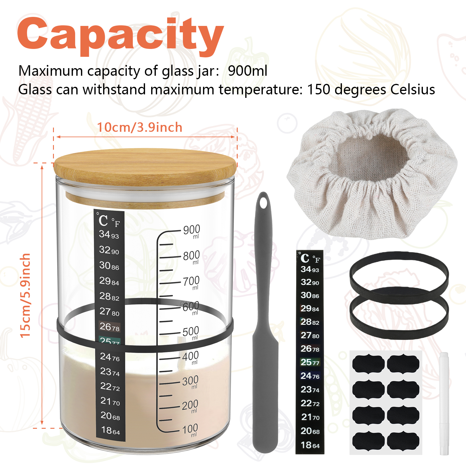 Jarra de vidro transparente para partida de massa fermentada, 900ml, kit de boca larga com tampa, jarra de fermentação para cozimento, armazenamento de alimentos