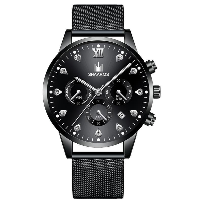 SHAARMS Men's Wristwatch Blue DialCasual Quartz Watch Stainless Steel Mesh Band Watch Date Clock Reloj Hombre: Black Silver