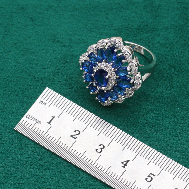 Neuheiten 925 Silber Schmuck setzt für Frauen Hochzeit königlich Blau Topas Halskette Anhänger Ohrring Ring Halloween Weihnachten