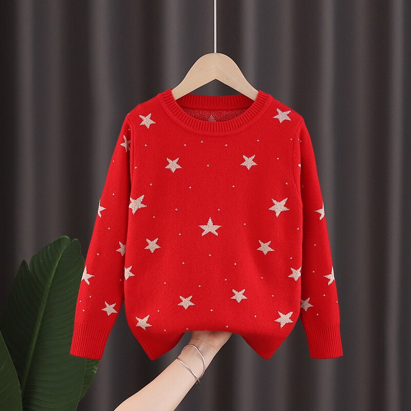 Winter Girls Sweaters Star Sweater Knitwear Children Clothing: Red / 12T