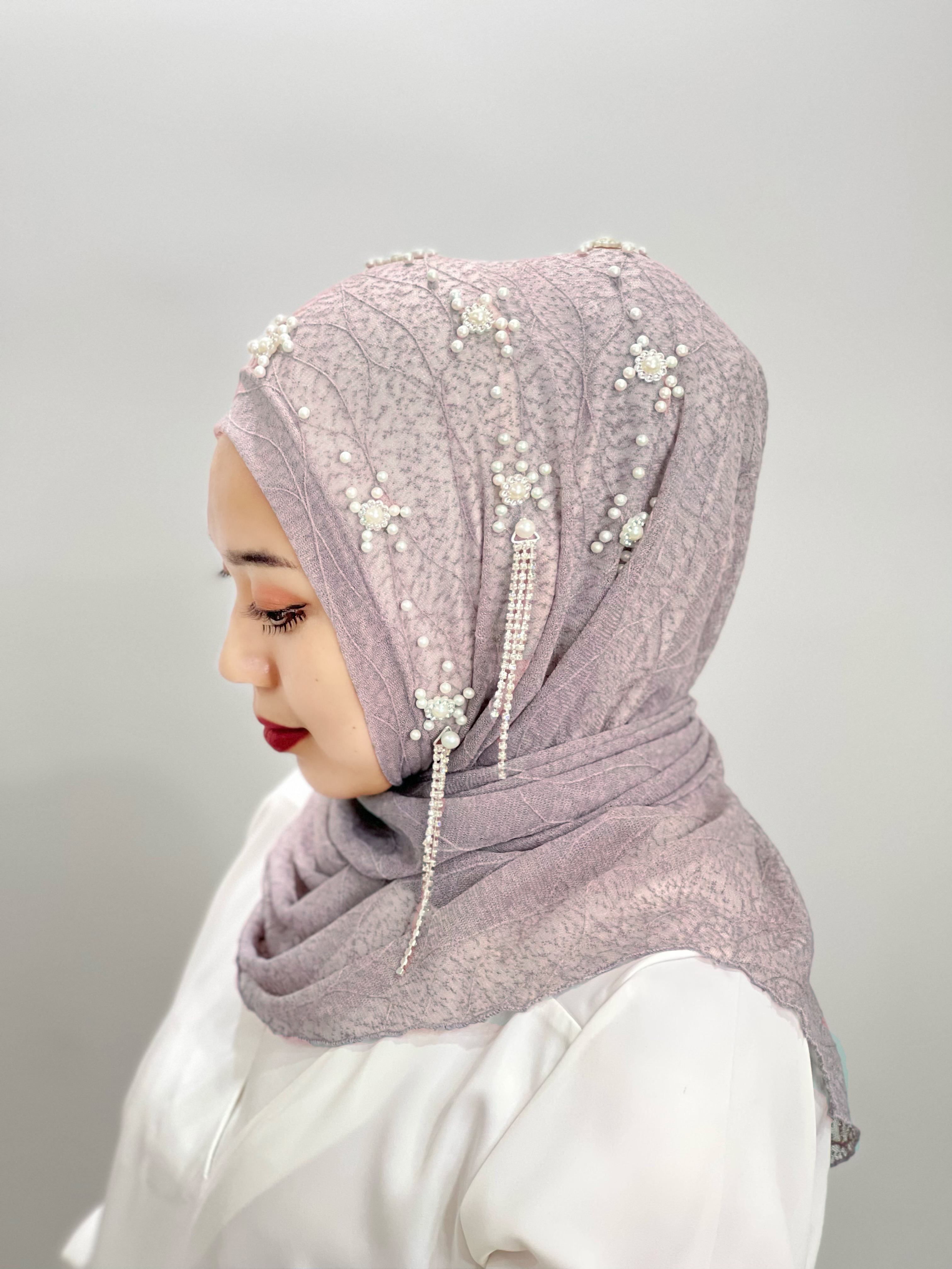 chapeau africain femme epingle hijab voile chretien Hijab à pampilles florales islamiques, Hijab Abaya, Texture de feuilles perlées, écharpe pour femmes, bandeau musulman, châle instantané, turquie: Violet
