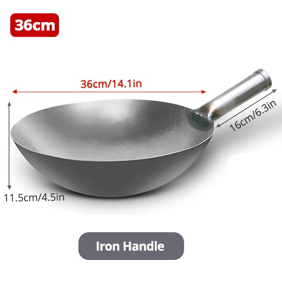 Iron Wok Chinese Traditional Handmade Iron Cook Pot Non-stick Pan Non-coating Gas Cooker Cookware Kitchen Pot Cast Iron Pan: 36cm(iron handle)