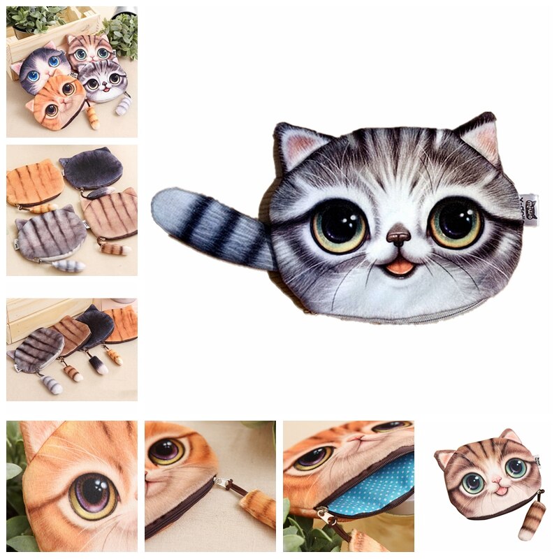 1pcs Ladies Cute Cat Face Animal Coin Purse Wallet Mini Zipper Bag