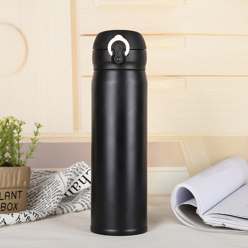 Termos portátiles de 500ml para botella de agua , frascos de vacío de acero inoxidable, tazas de café, té, hervidor turístico, taza térmica con tapas: Black