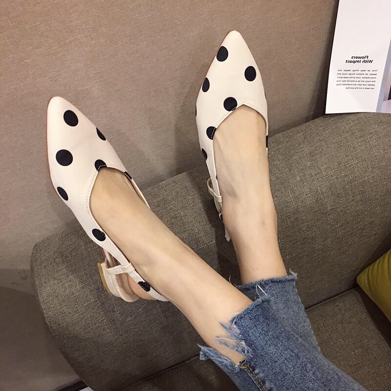 pointy toe cloth polka dot sandals brand shallow buckle slingback low heel women sandales trendy fairy dress shoes femme
