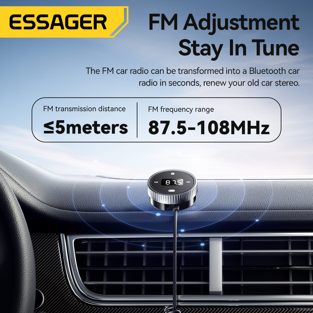 Essager Bluetooth 5.3 FM-Sender 3,5 mm AUX-Buchsen für Audio--Musikempfänger, integriertes Mikrofon, Freisprecheinrichtung, LED-Anzeige, unterstützt TF-Karte
