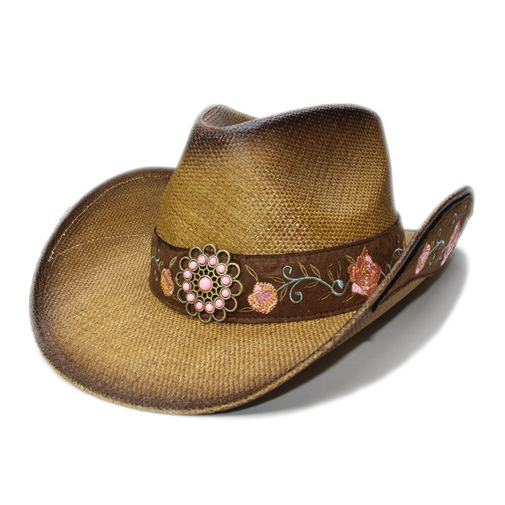 Retro kvinnor män unisex vintage hårt strå bred brätte strand cowboy cowgirl western hatt turkos blomband 58cm