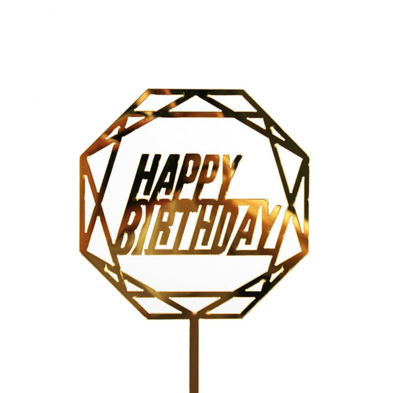 Gold Acrylic Hand Writing Happy Birthday Cake Dessert Decoration For Birthday Party Lovely Stamping Golden Insert Card: 10