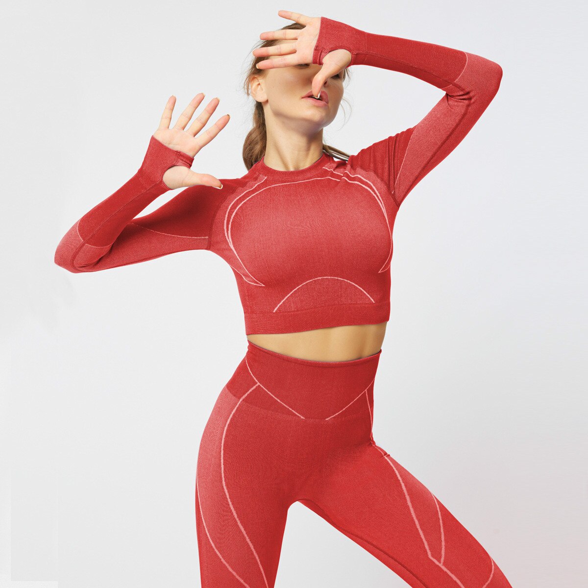 TWTOPSE Outline Seamless Sport Fitness Crop Tops Women Back Hollow Out Yoga Workout Gym Long Sleeve Shirts with Thumb Holes: Red / M
