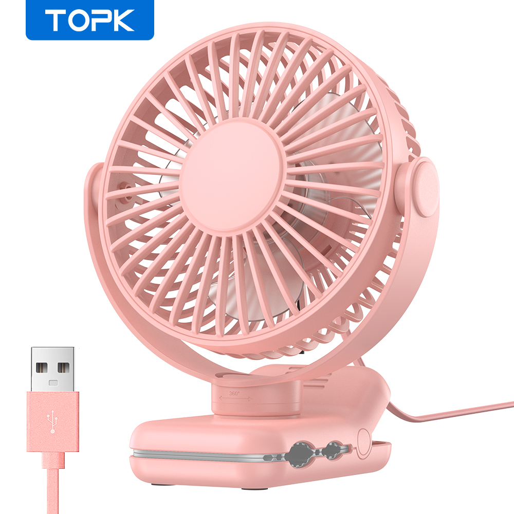 TOPK Mini ventilador portátil con clip, ventilador de escritorio USB, viento silencioso de 3 velocidades 720 ° Ventilador eléctrico personal giratorio, ventiladores de pie para habitación y hogar: YELLOW