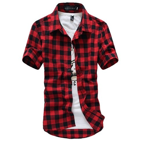 Chemise à carreaux rouge et noir pour homme, tenue d'été décontractée à manches courtes, coupe slim: Plaid rouge / L