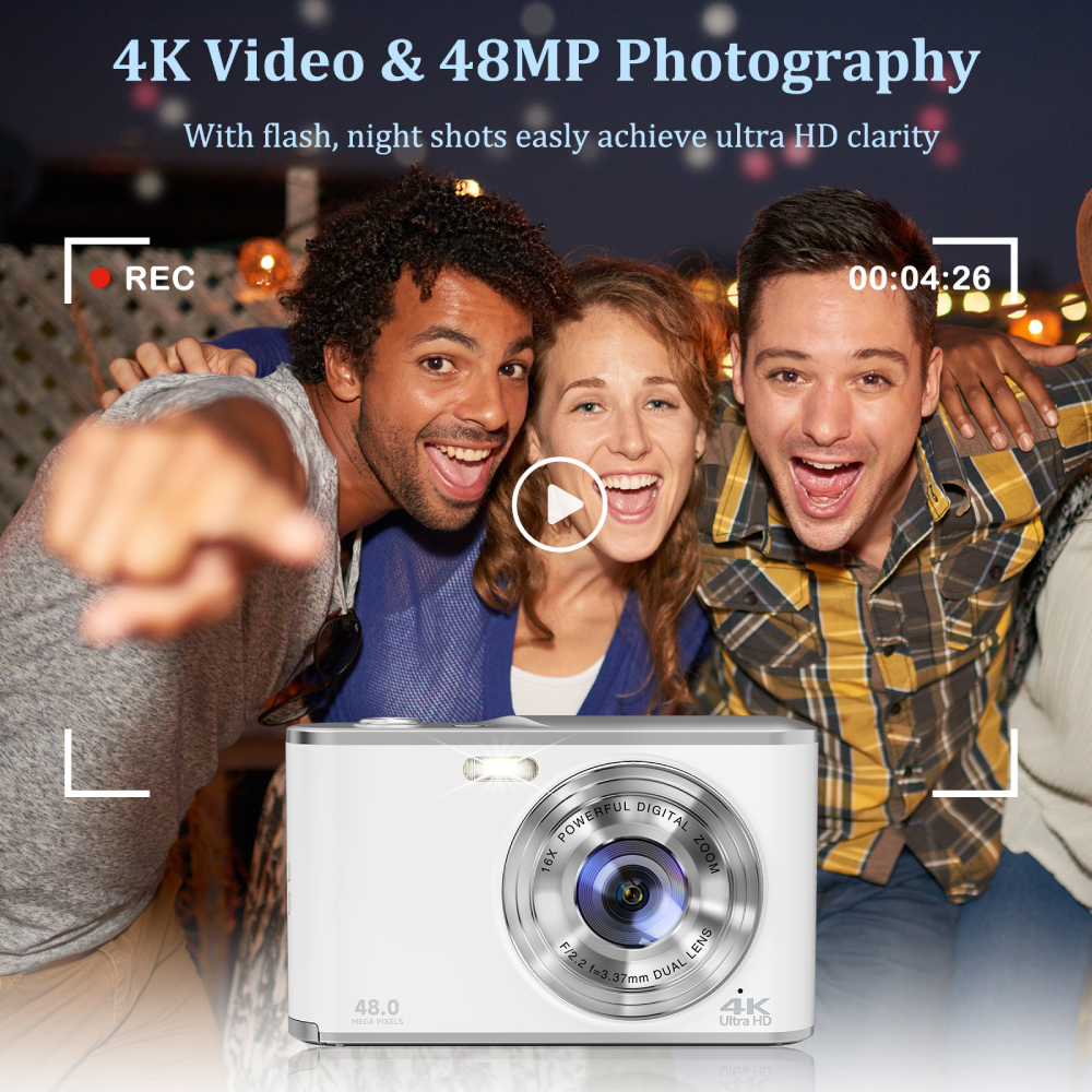 Cámara digital 4K Cámara Vlogging con enfoque automático con lente delantera y trasera, tarjeta de 32 GB, cámara selfie con zoom digital de 48 MP y 16X, negro, blanco