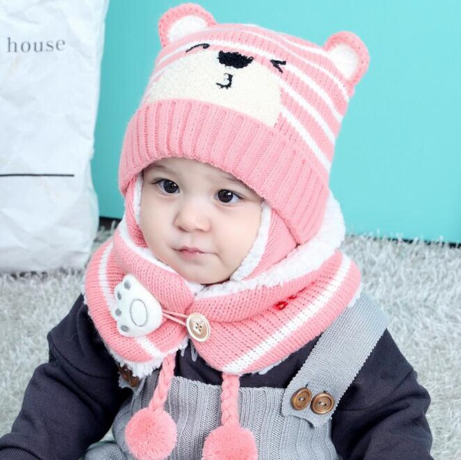 Kind Mutsen Cap Set Baby Kids Cartoon Streep Knit Voegen Fluwelen Hoed En Sjaal Winter Warm Pak Set Roze grijs