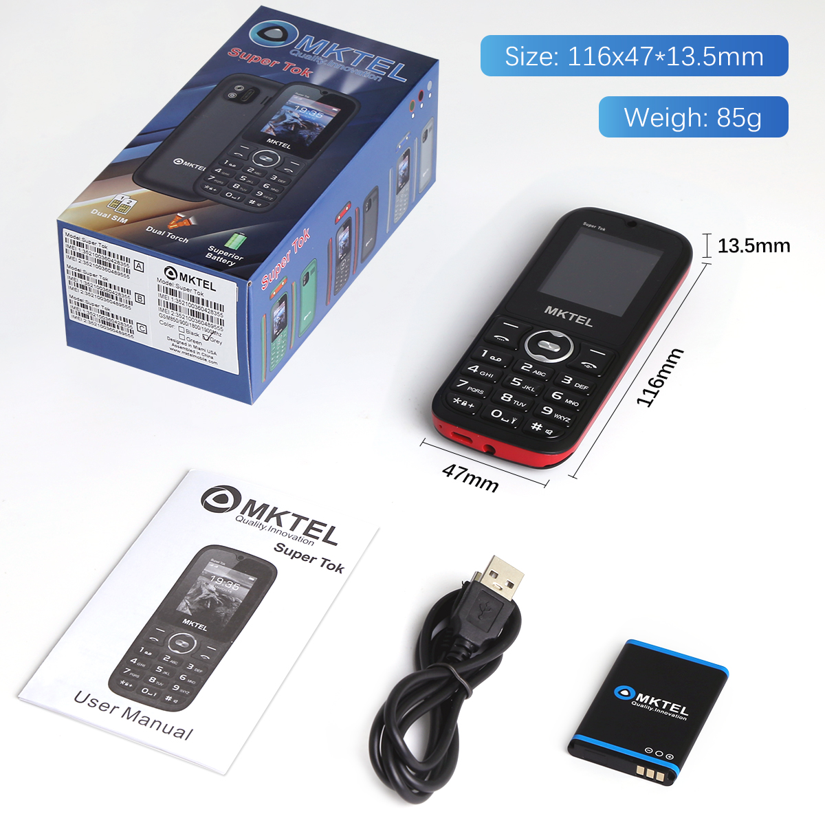 Mktel Super tok Merkmal Telefon 1.77 "-Anzeige, 800- mah-akku, Dual-sim-bereithalten,  mp3 mp4 fm Radios für senioren