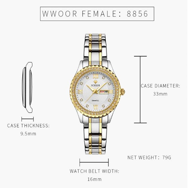 WWOOR, Reloj de pulsera de oro para Mujer, Reloj de Mujer de acero inoxidable resistente al agua, vestido informal, Reloj de cuarzo para Mujer, Reloj de Mujer