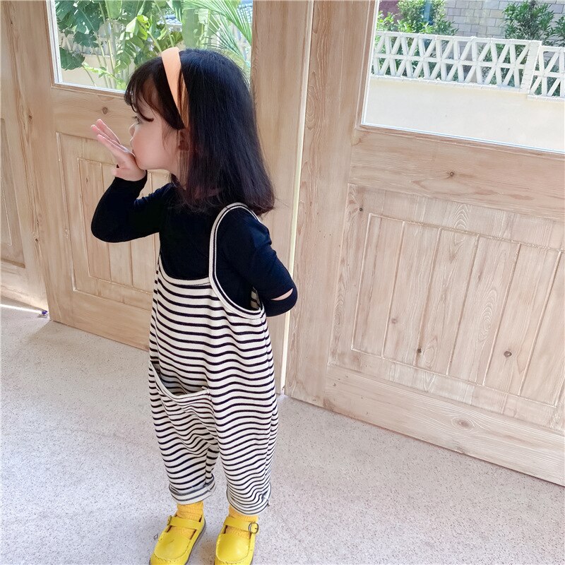 1-7Y Spring Autumn Infant Baby Girls Boys Overalls Pants White Black Striped Printed Sleeveless Pocket Jumpsuits Outfits