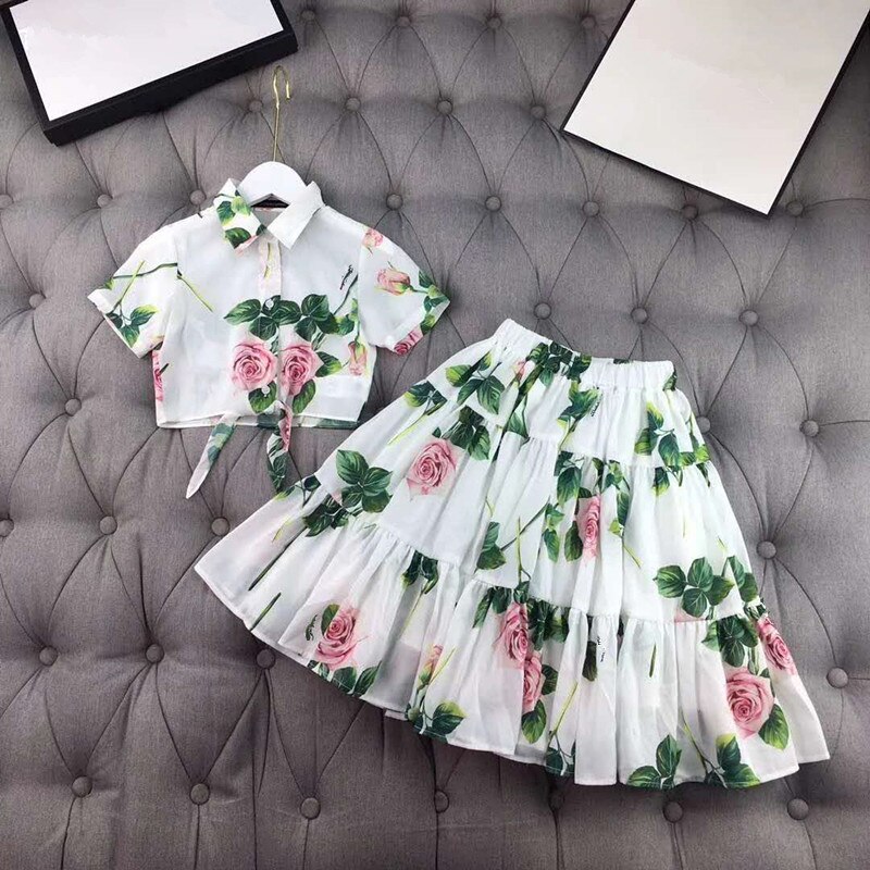 Moda da menina malha meninas roupas definir meninas verão marca de moda conjunto crianças camisa + saia 2 pçs da criança roupas da menina
