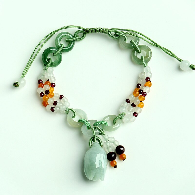 Natural Jade Roses Braided Bracelet Genuine A Goods Emerald Retractable Bracelet Female Simple Jewelry