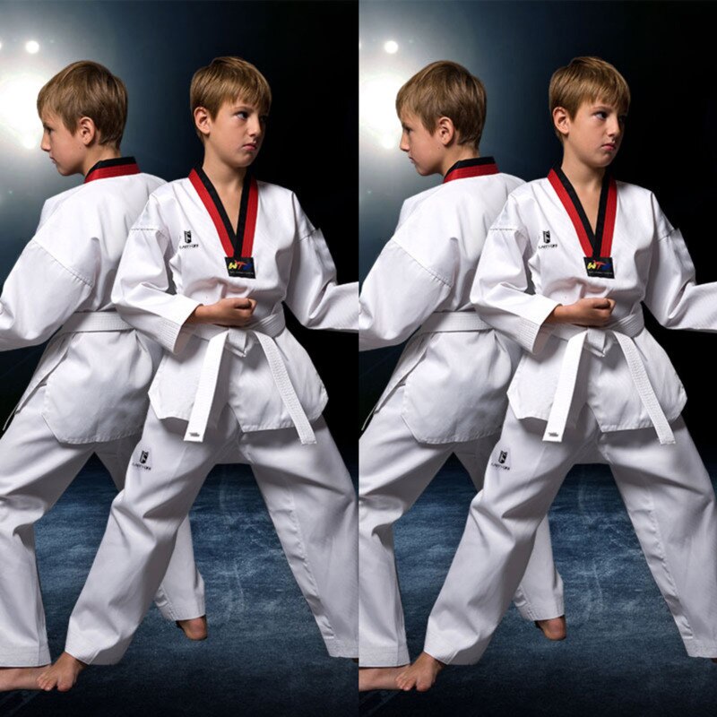 Tradicional de los niños Dobok para Taekwondo ropa adulto manga larga WTF Karate uniforme blanco de los hombres de algodón Mujer Fitness traje de entrenamiento