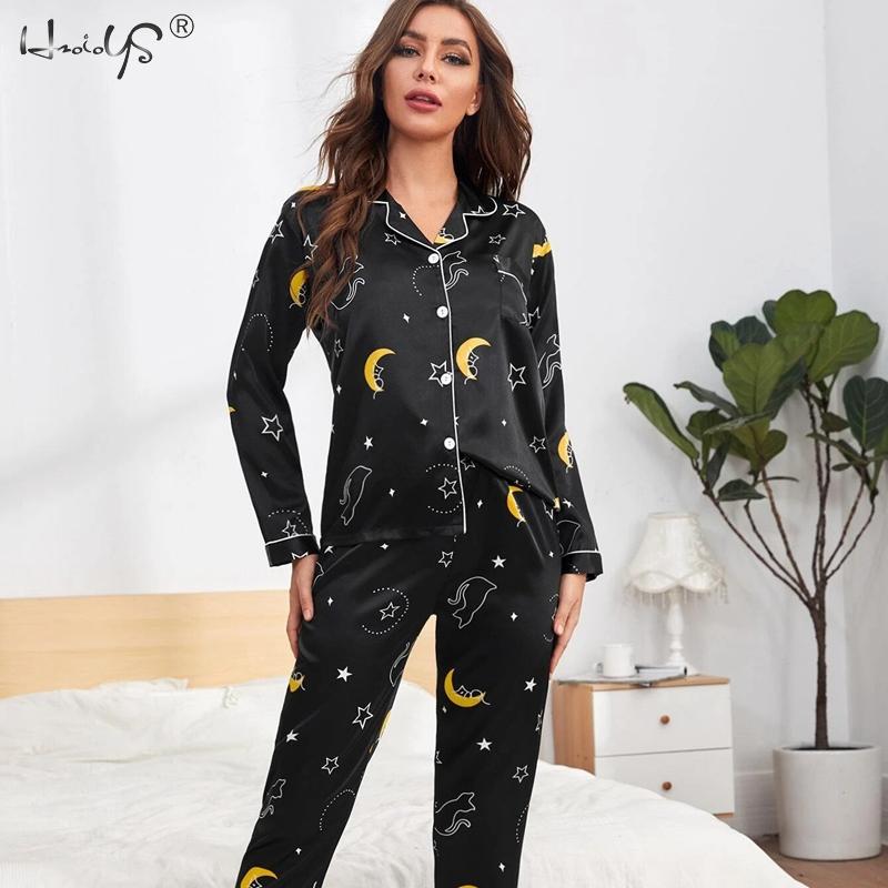 Plus Size Pj Sets Women Silk Satin Pajamas Pyjamas Set Sleepwear Long Sleeve Pyjamas Cute Top and Long Pants Pijama Sleepwear: Black / XL