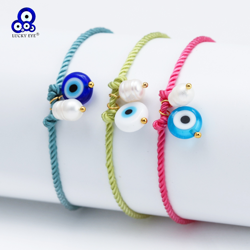 Pulsera de cuerda trenzada de ojo de la suerte, pulsera ajustable de cuentas de perlas de agua dulce de mal de ojo turco para mujeres y hombres, pulseras bijoux