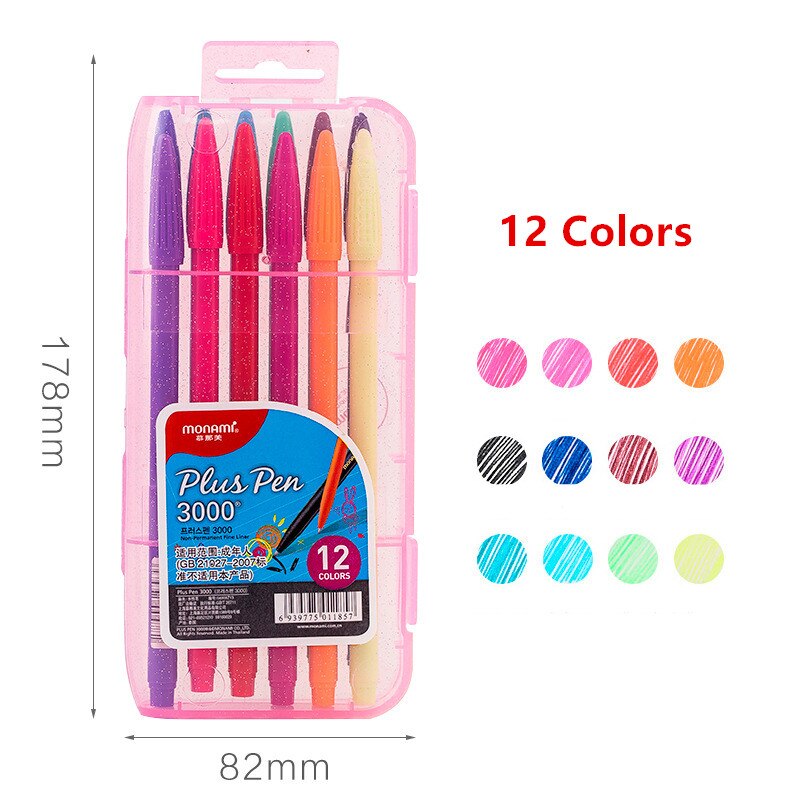 Monami Plus Pen 3000 water Color Pen set Water based Fiber Nib Gel Pen 12/ 24/ 36/48 colors set: 12 colors set