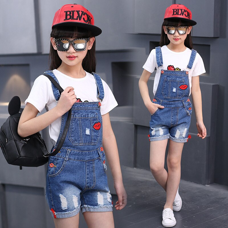 Sommar barn flickor broderi jeans jeans shorts overall jumpsuit för tjej barn skoloveraller 5 6 7 8 10 11 12 år