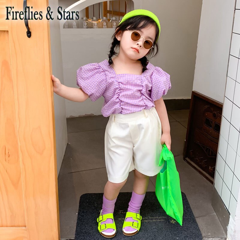 Zomermeisjes blouse baby shirt kinder topjes kinderkleding paars geruit geplooid gerimpeld pofmouw 1 to 9 jaar